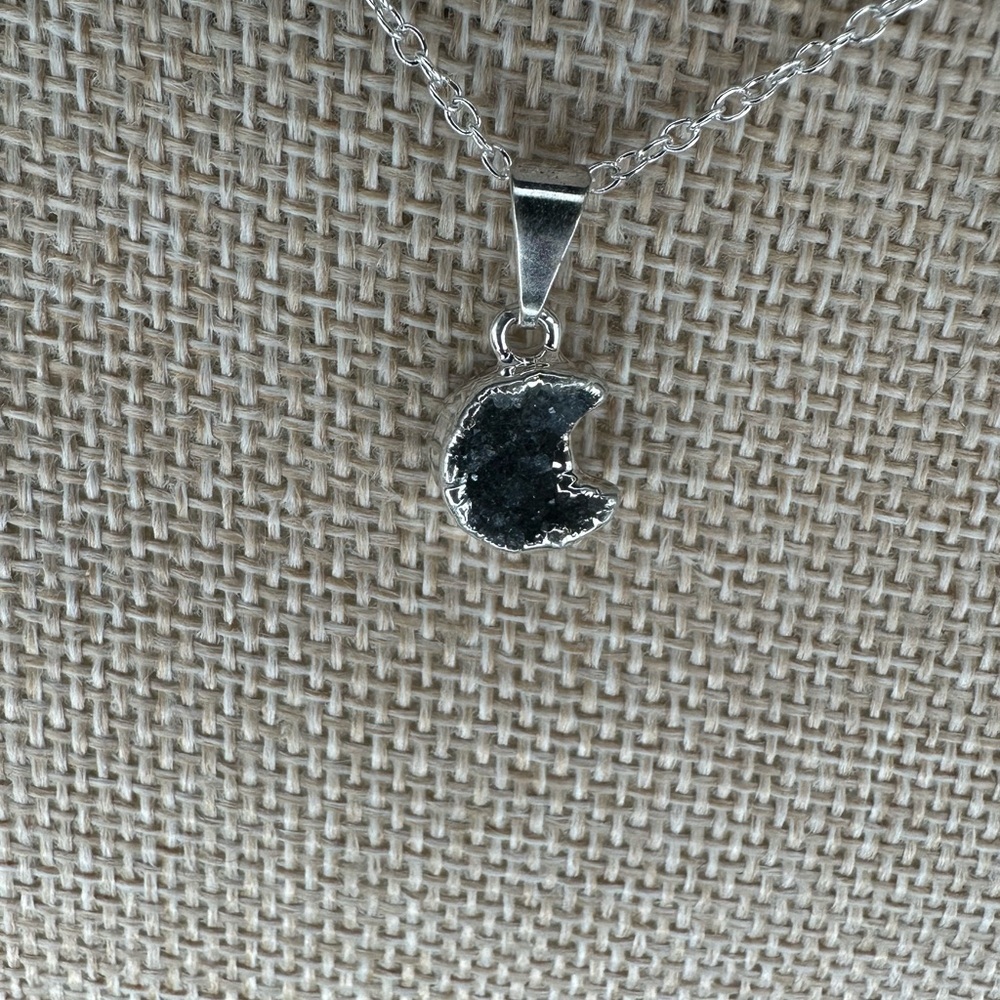 Black/Dark Purple Druzy Amethyst Crescent Moon Pendant on Chain - Picture 3 of 13